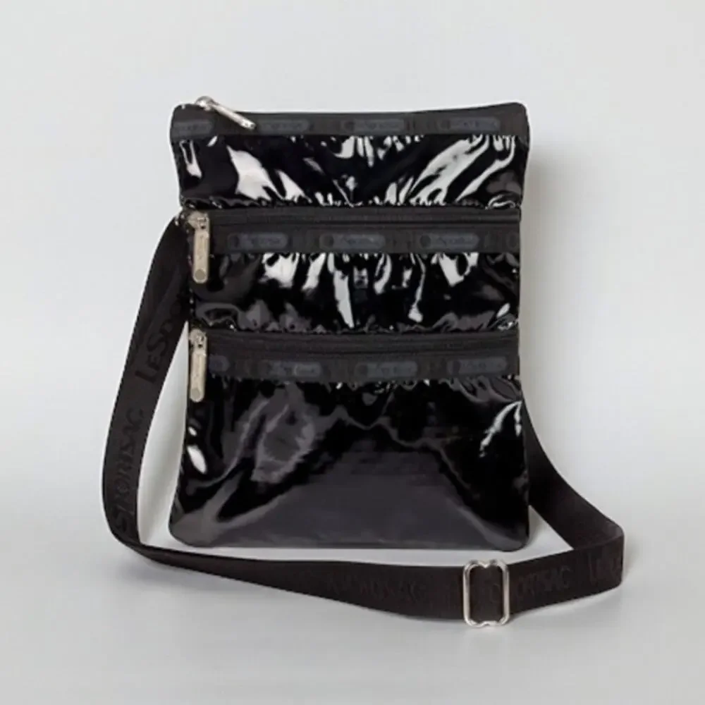 LESPORTSAC 3-Zip Pocket Crossbody Bag Shine Black Everyday Travel Ofice Stylish - Picture 8 of 10